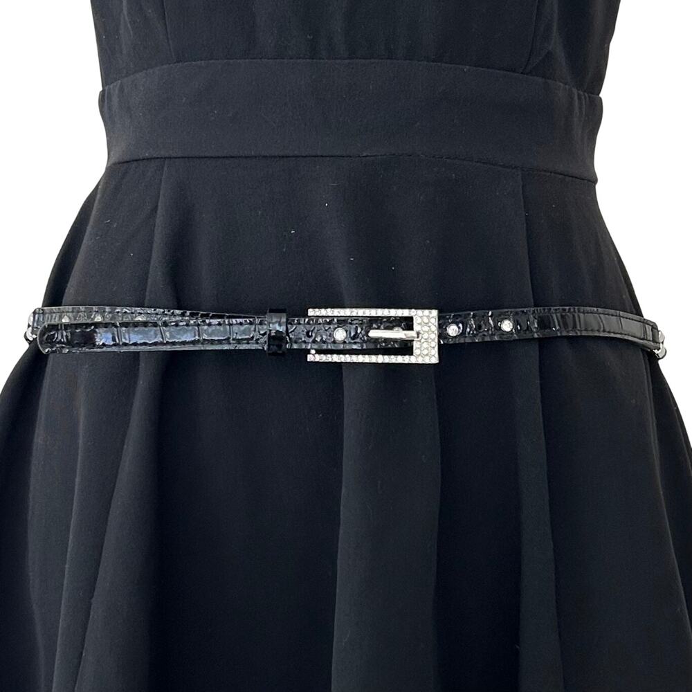 Vintage Black Beaded & Croc Embossed leather Skinny Belt fairy western glam 34